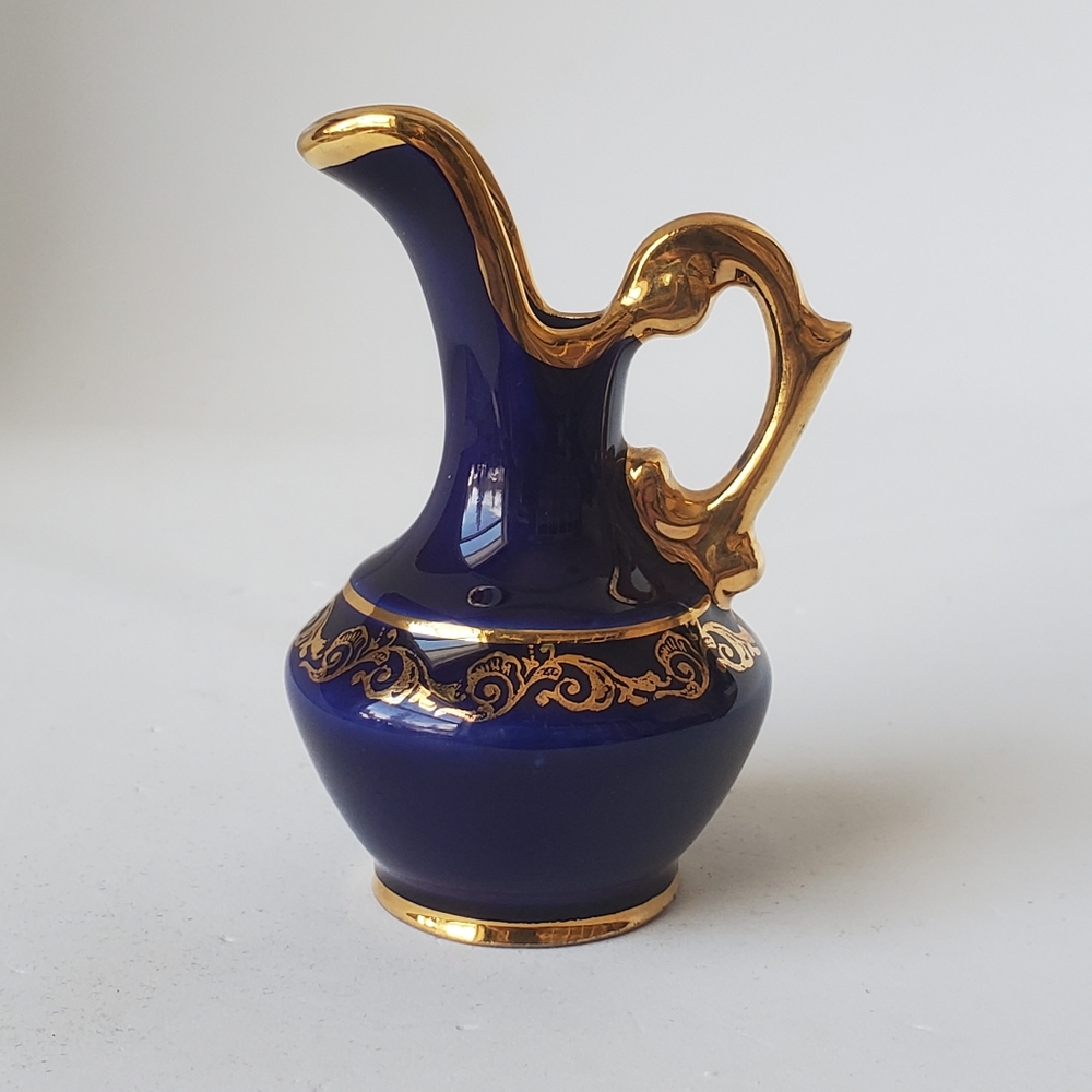 Vintage Limoges Miniature Pitcher Cobalt Blue Gold Accents Collectible Porcelain